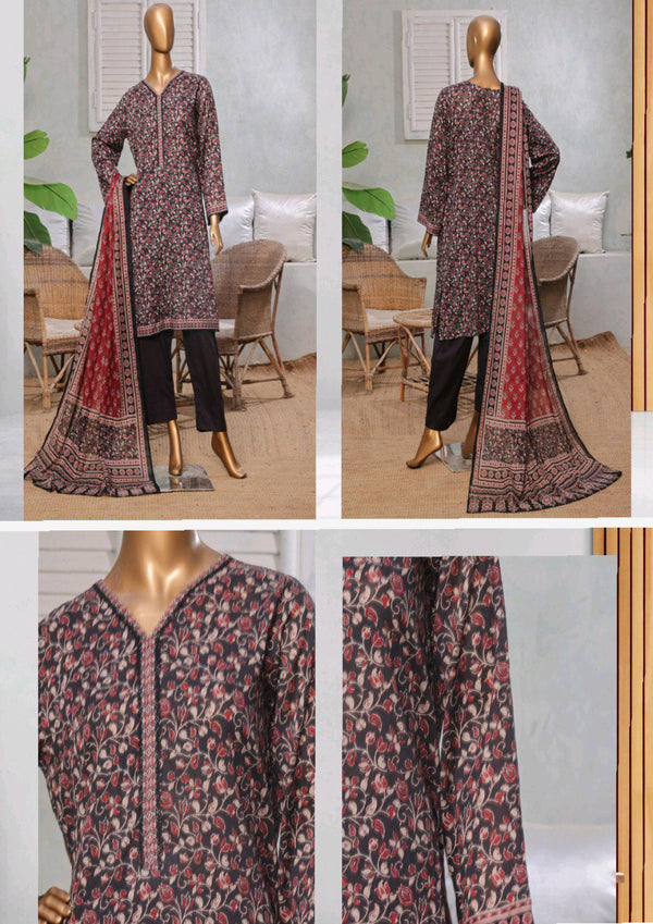 Lawn - Stitched printed 3piece with Lace work - Dark Purple