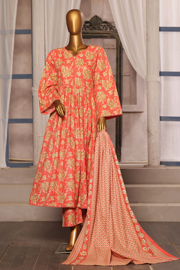 Khaddar - Stitched Printed 3piece Frock - Peach