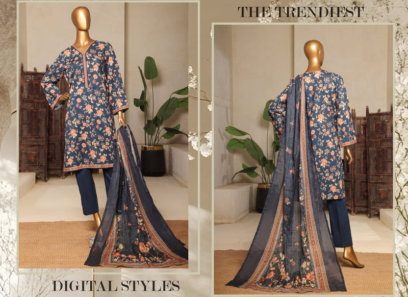 Lawn - Stitched printed 3piece with Lace work - Dark Blue