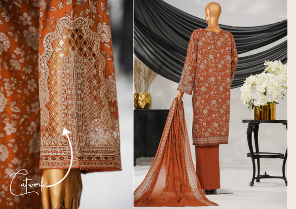 Cotton | Cambric - Stitched Embroidered 3piece with Lace work - Rust