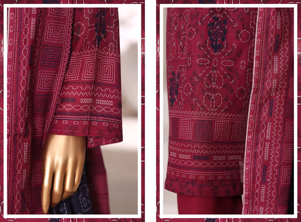 Khaddar - Stitched printed 3piece with Lace work - Red