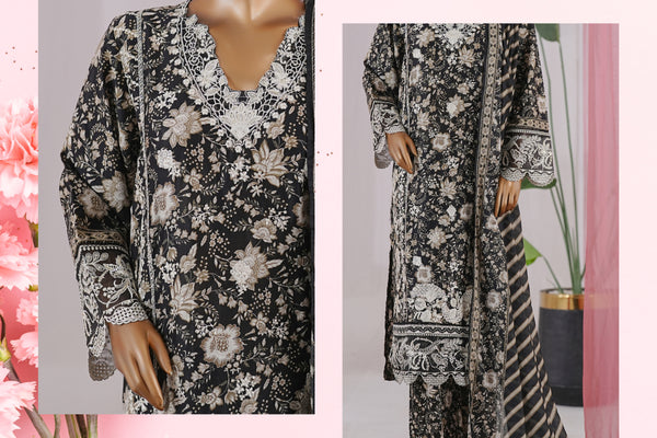 Lawn - Stitched Embroidered 3piece with Zari work & Lace work - Black