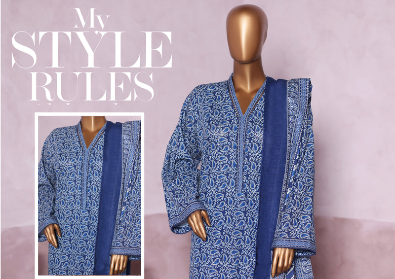 Khaddar - Stitched printed 3piece with Lace work - Blue
