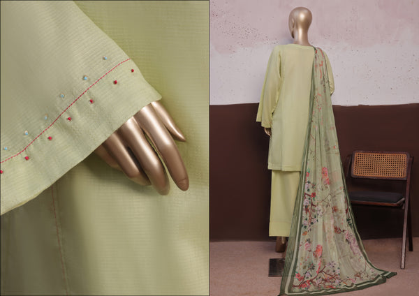 Cambric - Stitched printed 3piece with Lace work - Lime Green
