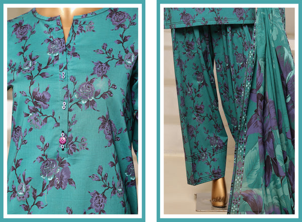 Lawn - Stitched printed 3piece with Farshi shalwar - Teal
