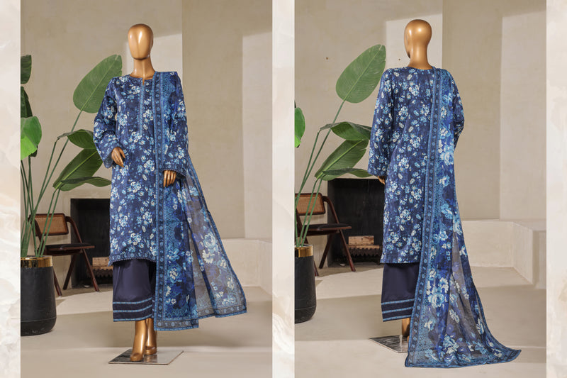 Lawn - Stitched printed 3piece with Farshi shalwar - Blue