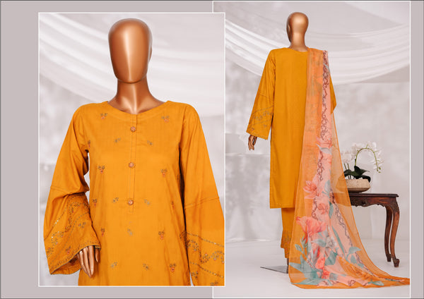 Cambric | Cotton - Stitched Embroidered Printed 3piece with Nannokara Dupatta - Mustard