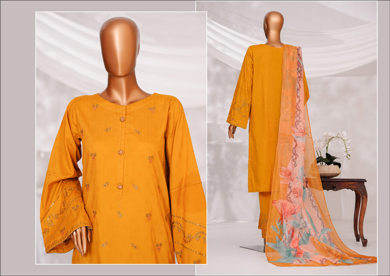Cambric | Cotton - Stitched Embroidered Printed 3piece with Nannokara Dupatta - Mustard