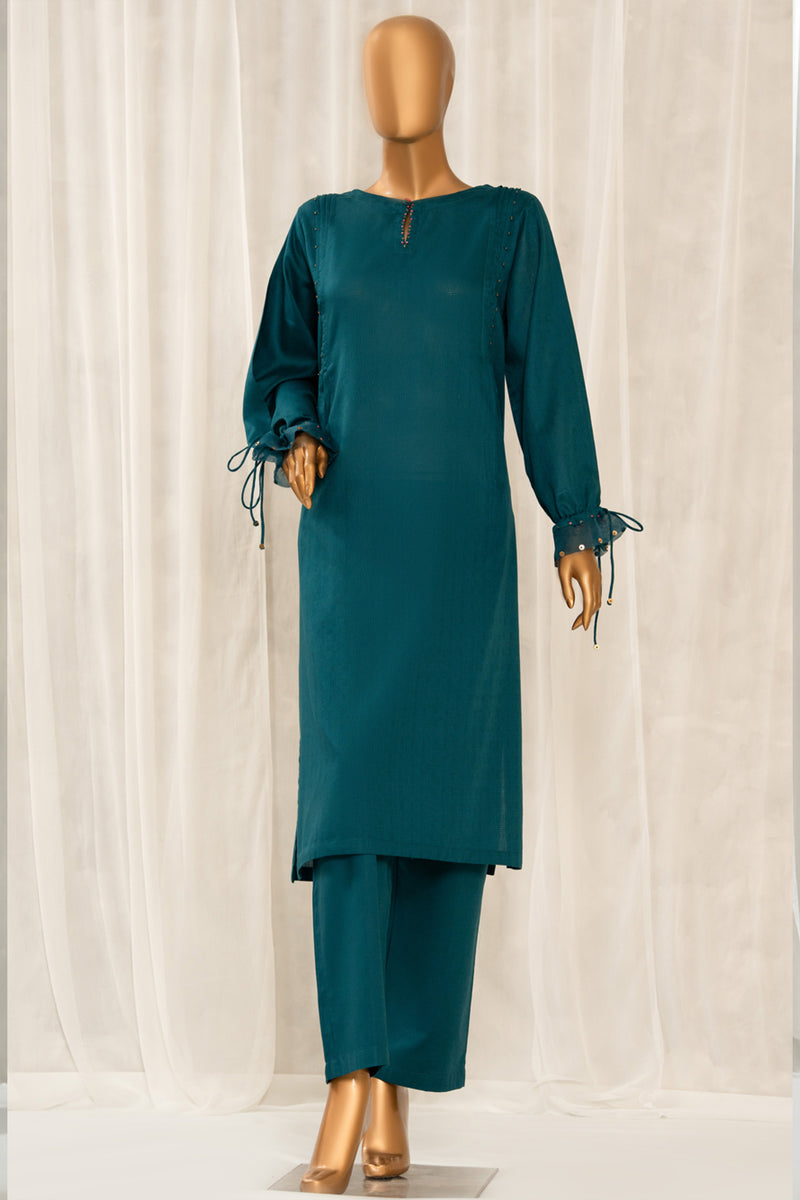 Lawn Jacquard - Stitched Jacquard Shirt with Highlights of Hand Touching Embellishment - Teal