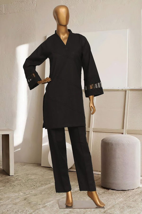 Khaddar Solid Co-ords - Stitched kurti & trouser with Pintex & Dori work - Black