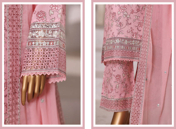 Luxury viscose - Stitched Embroidered 3piece with Chiffon embroidered Dupatta - Light Pink