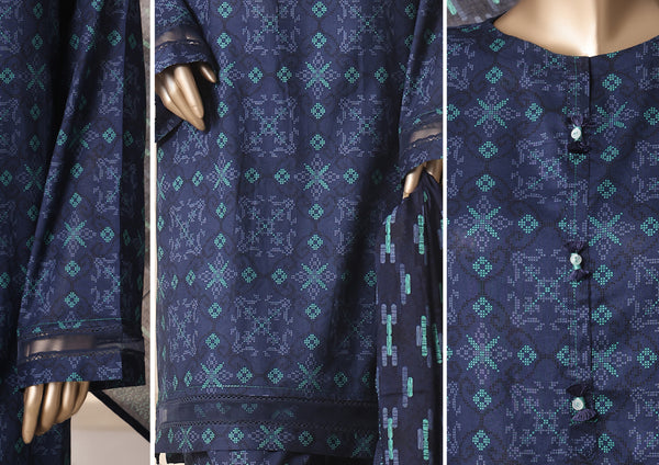 Cambric - Stitched printed 3piece with Lace work - Navy Check