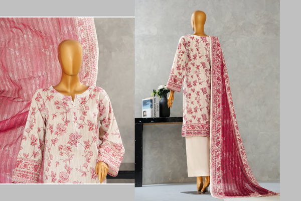 Lawn - Stitched Digital Printed Embroidered 3piece with Boring work - Light Pink