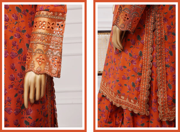 Lawn Farshi- Stitched Embroidered 3piece with Farshi shalwar - Orange