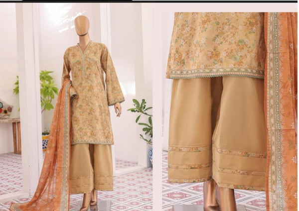 Lawn - Stitched printed 3piece with Farshi Shalwar - Dull Yellow
