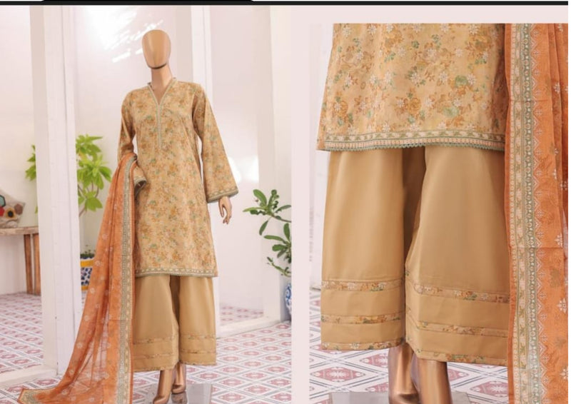 Lawn - Stitched printed 3piece with Farshi Shalwar - Dull Yellow