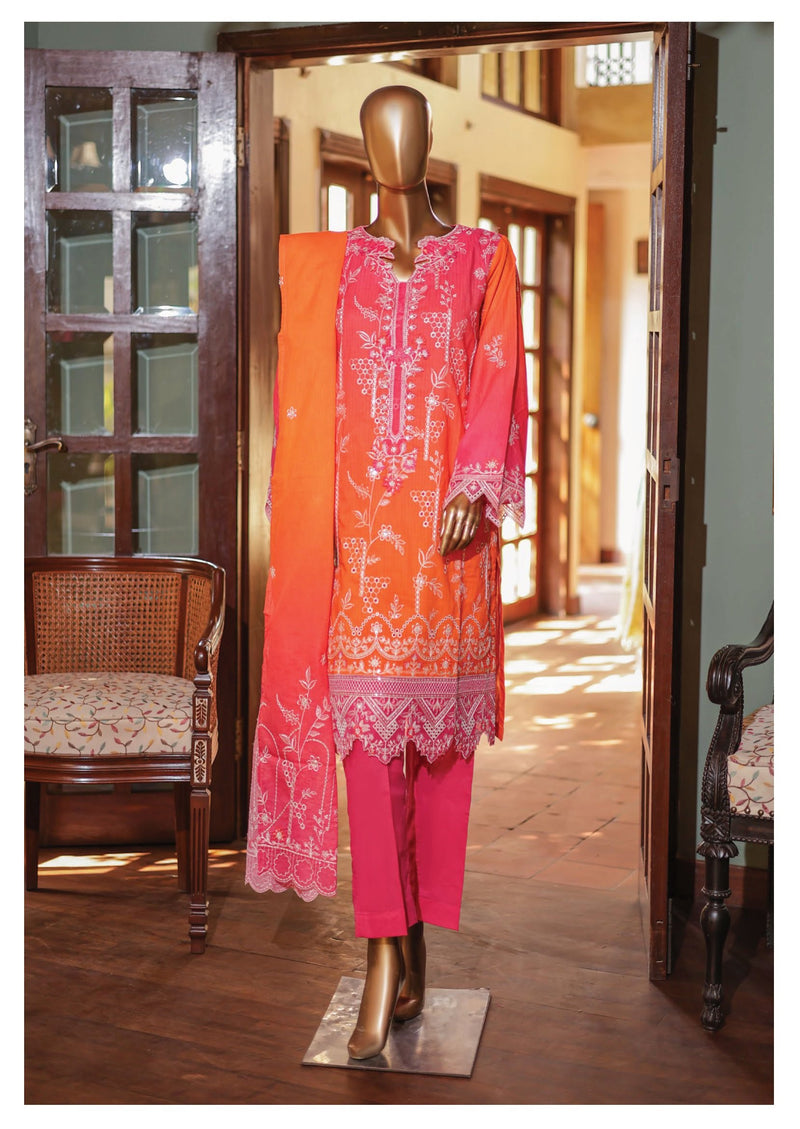 Lawn Tie & Dye - Stitched Embroidered/Cutwork 3piece With Emb Dupatta - Orange