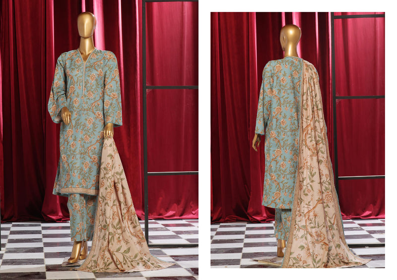 Khaddar - Stitched Printed  3piece with Lace work - Ferozi