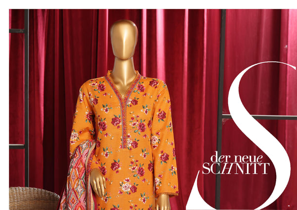 Khaddar - Stitched Printed  3piece with Lace work - Yellow