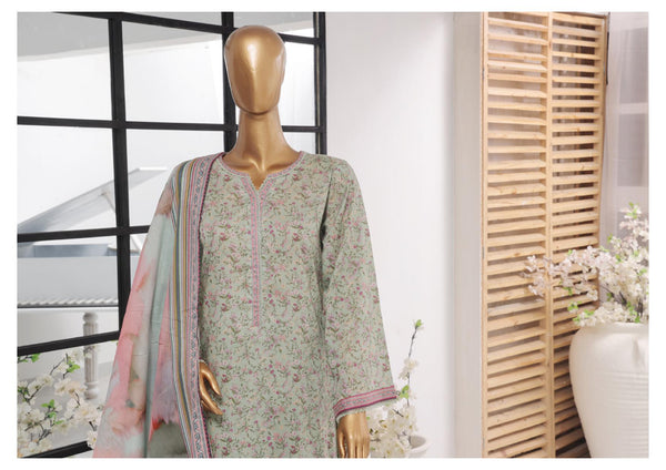 Lawn - Stitched Printed 3piece with Lace work - Light Green