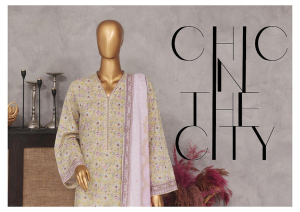 Lawn - Stitched Printed 3piece with Lace work - Yellow