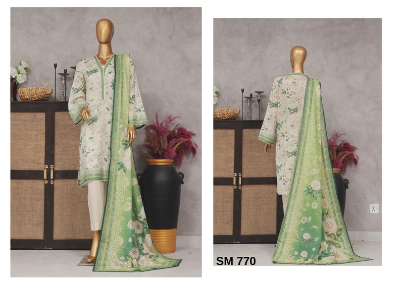 Lawn - Stitched Printed 3piece with Lace work - White