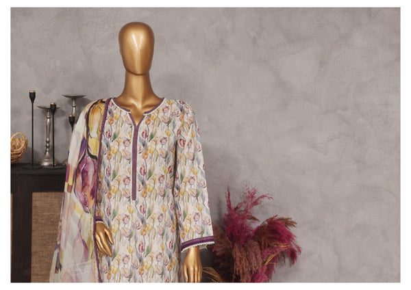 Lawn - Stitched Printed 3piece with Lace work - White