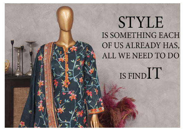 Lawn - Stitched Printed 3piece with Lace work - Dark Blue