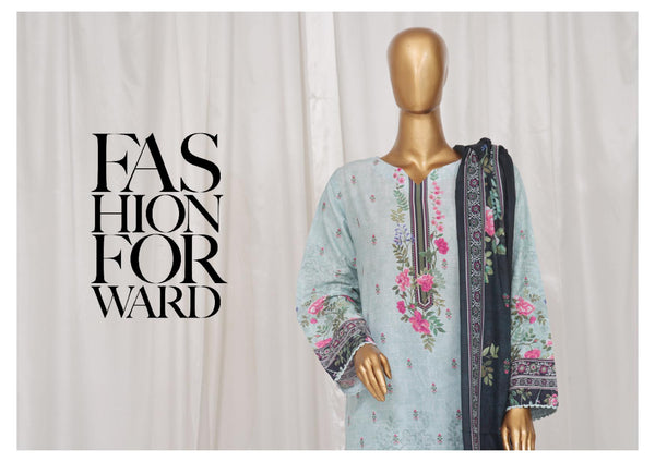 Lawn - Stitched Printed 3piece with Lace work - Blue