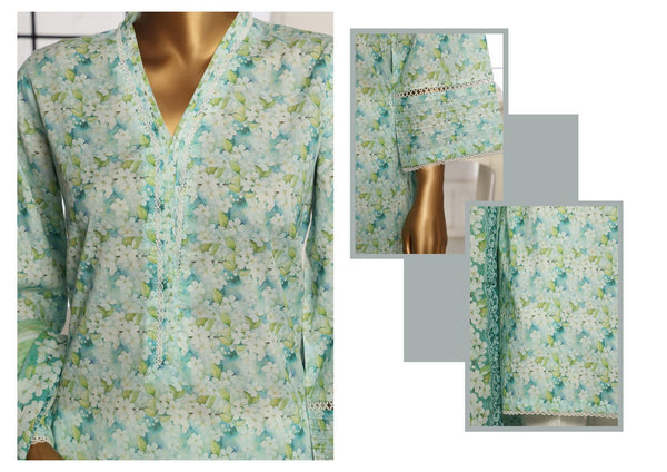Lawn - Stitched Printed 3piece with Lace work - Green
