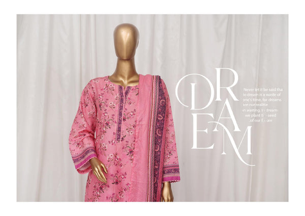 Lawn - Stitched Printed 3piece with Lace work - Pink