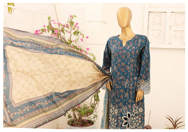 Lawn Kari - Stitched Embroidered 3piece With Schiffli work & Cut work  - Teal