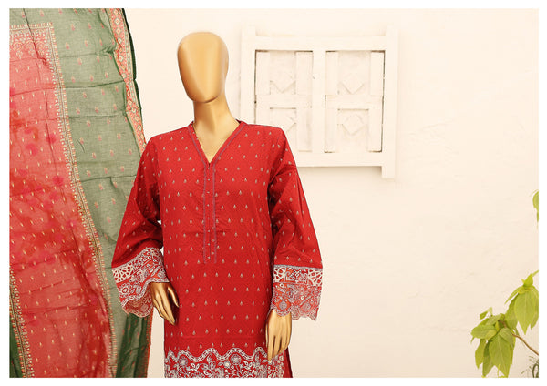 Lawn Kari - Stitched Embroidered 3piece With Schiffli work & Cut work  - Red