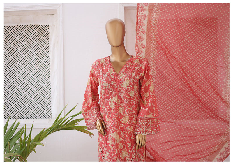 Lawn Kari - Stitched Embroidered 3piece With Schiffli work & Cut work  - Pink