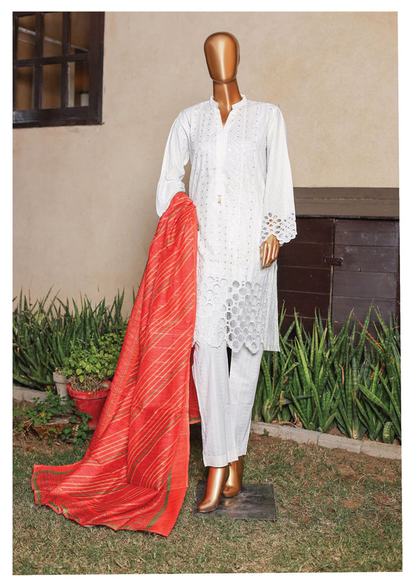 Festive Lawn - Stitched Embroidered 3piece with Printed Lawn Dupatta - White