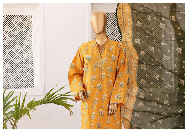 Lawn - Stitched Printed 3piece with Lace work - Yellow