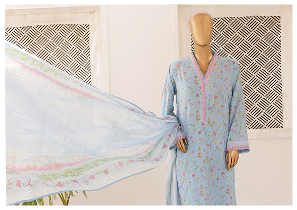 Lawn - Stitched Printed 3piece with Lace work - Sky Blue