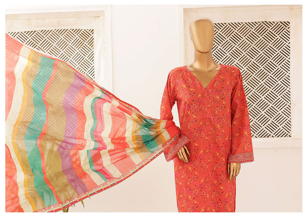Lawn - Stitched Printed 3piece with Lace work - Pink
