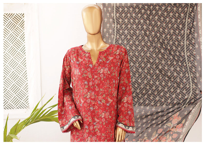 Lawn - Stitched Printed 3piece with Lace work - Red