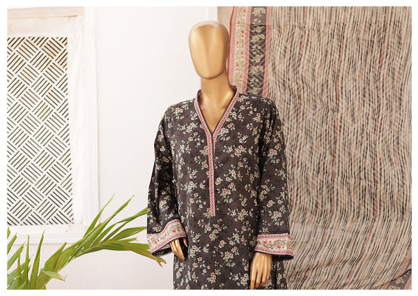 Lawn - Stitched Printed 3piece with Lace work - Charcoal Grey