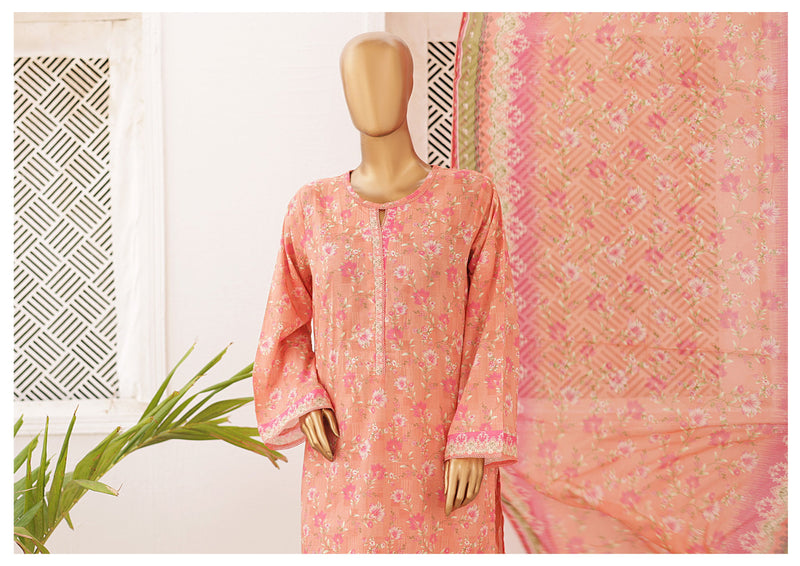 Lawn - Stitched Printed 3piece with Lace work - Peach