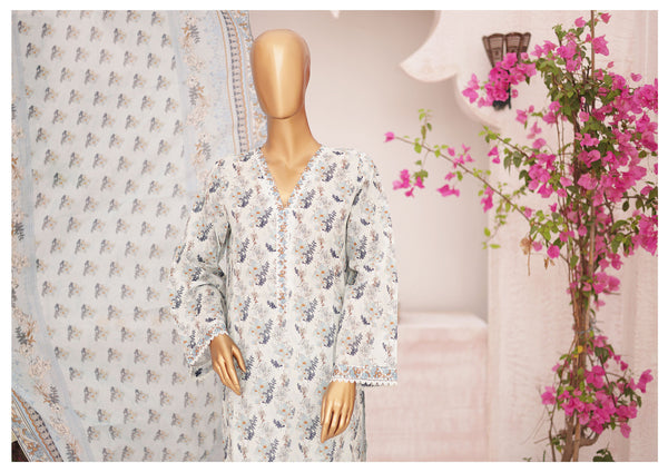 Lawn - Stitched Printed 3piece with Lace work - Sky Blue