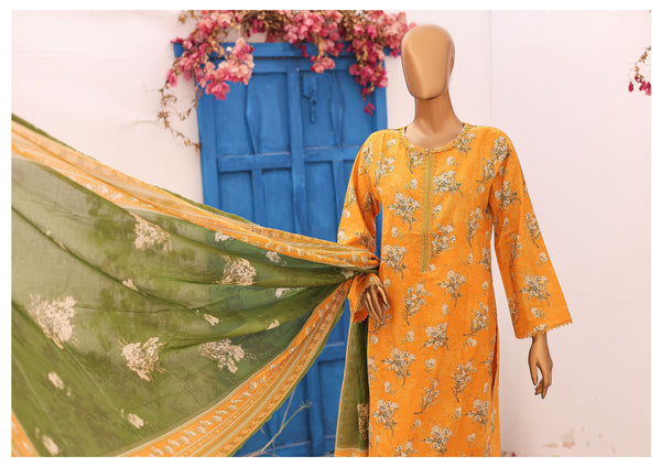 Lawn - Stitched Printed 3piece with Lace work - Yellow