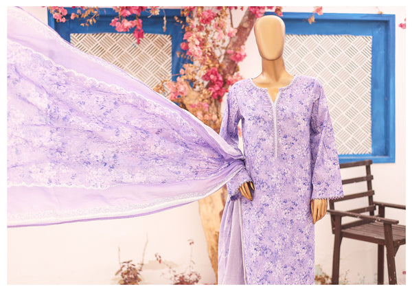 Lawn - Stitched Printed 3piece with Lace work - Lilac