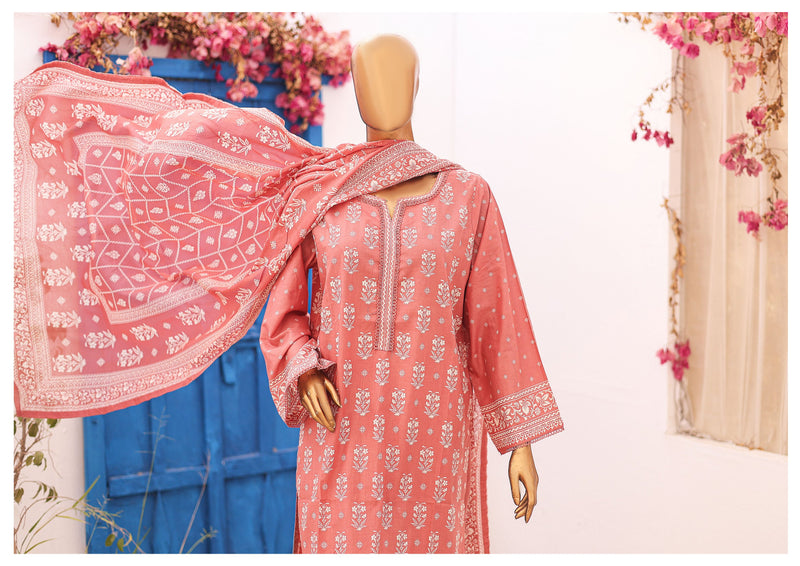 Lawn - Stitched Printed 3piece with Lace work - T.Pink