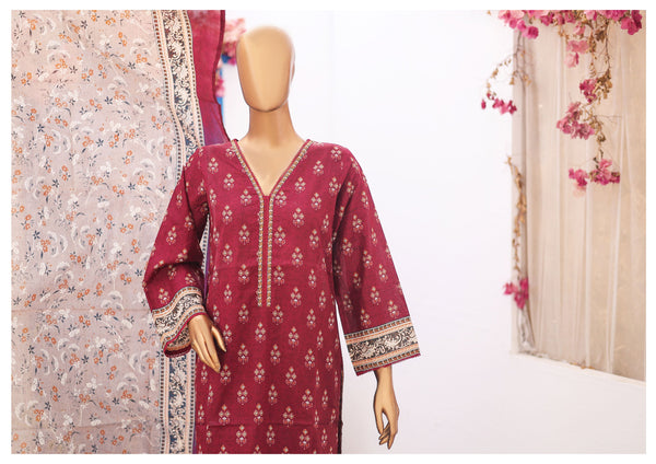 Lawn - Stitched Printed 3piece with Lace work - Maroon