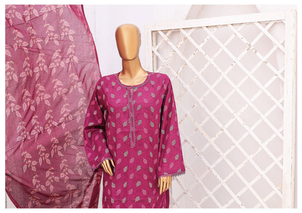 Lawn - Stitched Printed 3piece with Lace work - Fuchsia