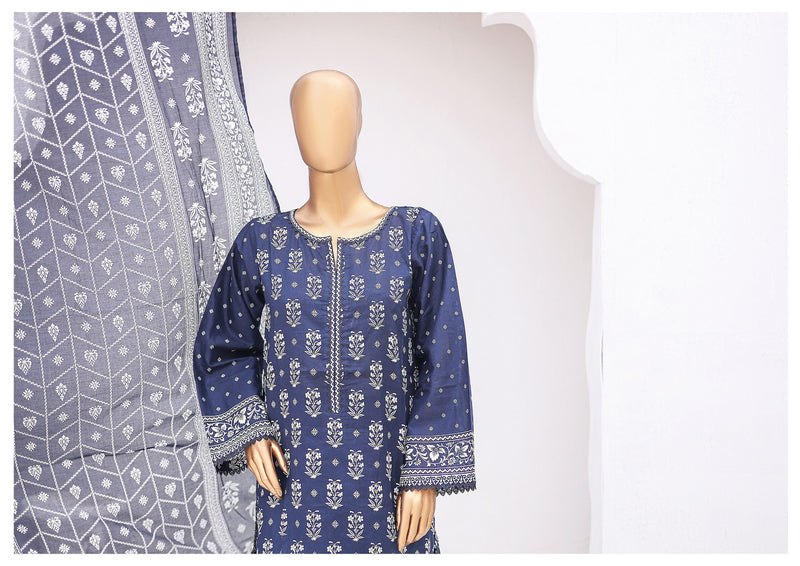 Lawn - Stitched Printed 3piece with Lace work - Blue