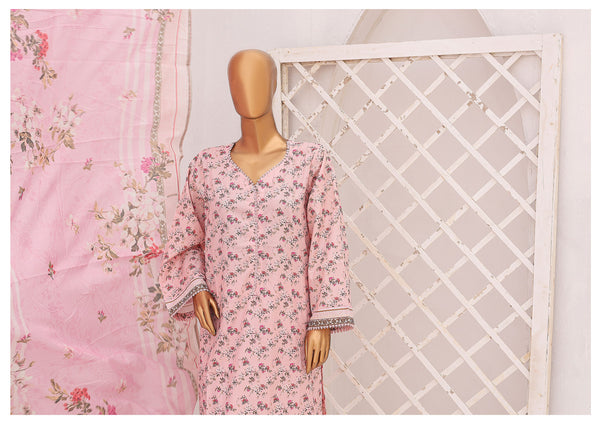 Lawn - Stitched Printed 3piece with Lace work - T.Pink