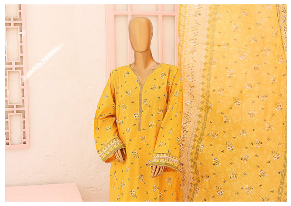 Lawn - Stitched Printed 3piece with Lace work - Yellow